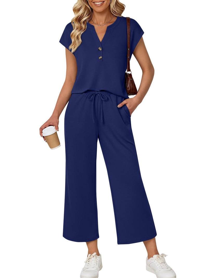 LILLUSORY Two Piece Lounge Sets for Women Spring Vacation Beach Travel Airport Outfits Casual Cruise Fashion 2026 Navy XL - Image 1