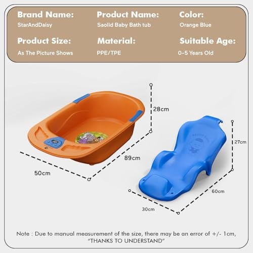 StarAndDaisy Baby Bath tub for 0 to 5 Years with Temperature Sensor/Bath Tub for Kids with Anti-Slip Legs/Bathtub for Baby with Baby Bather -Without Wheel(Orange-Blue) - Image 5