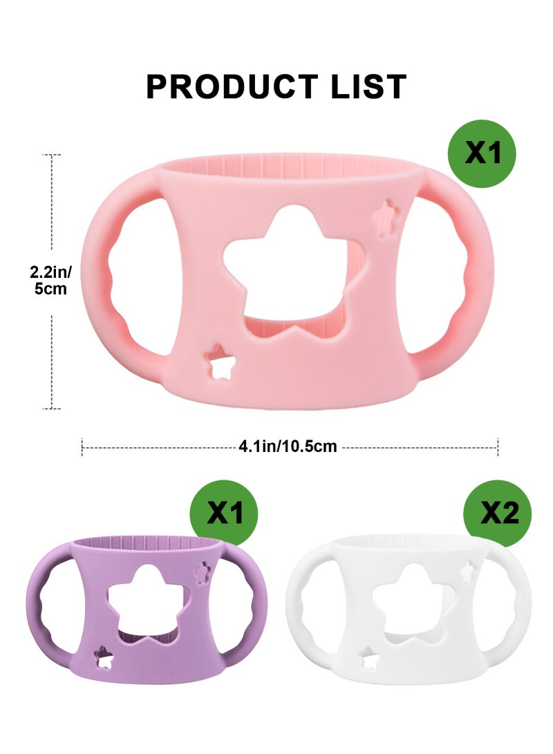 أوربازار مجموعة من 4 مقابض زجاجات لزجاجات الأطفال من دكتور براونز مع مقابض سهلة الإمساك لحمل الزجاجة - سيليكون ناعم خالٍ من مادة BPA (أبيض*2 وردي، بنفسجي) - Image 2