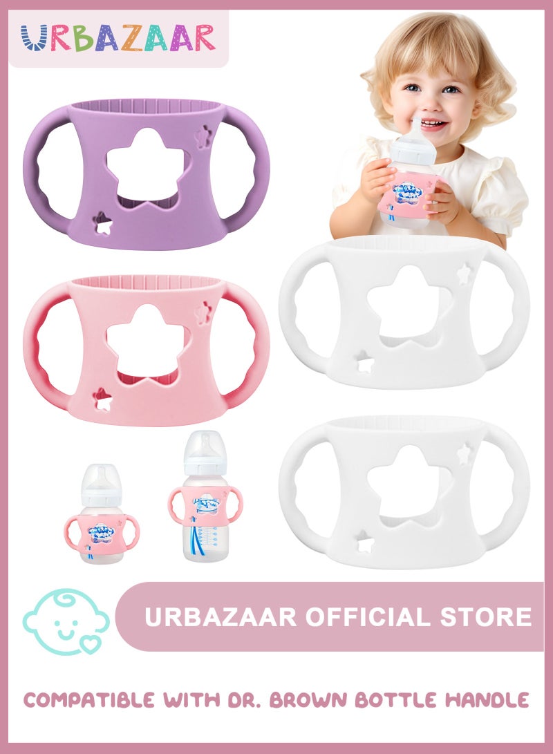 أوربازار مجموعة من 4 مقابض زجاجات لزجاجات الأطفال من دكتور براونز مع مقابض سهلة الإمساك لحمل الزجاجة - سيليكون ناعم خالٍ من مادة BPA (أبيض*2 وردي، بنفسجي) - Image 1