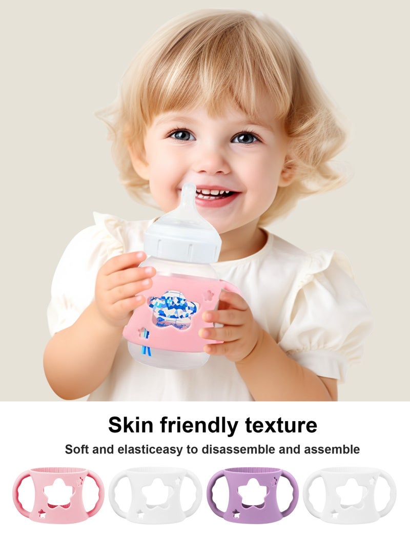 أوربازار مجموعة من 4 مقابض زجاجات لزجاجات الأطفال من دكتور براونز مع مقابض سهلة الإمساك لحمل الزجاجة - سيليكون ناعم خالٍ من مادة BPA (أبيض*2 وردي، بنفسجي) - Image 5
