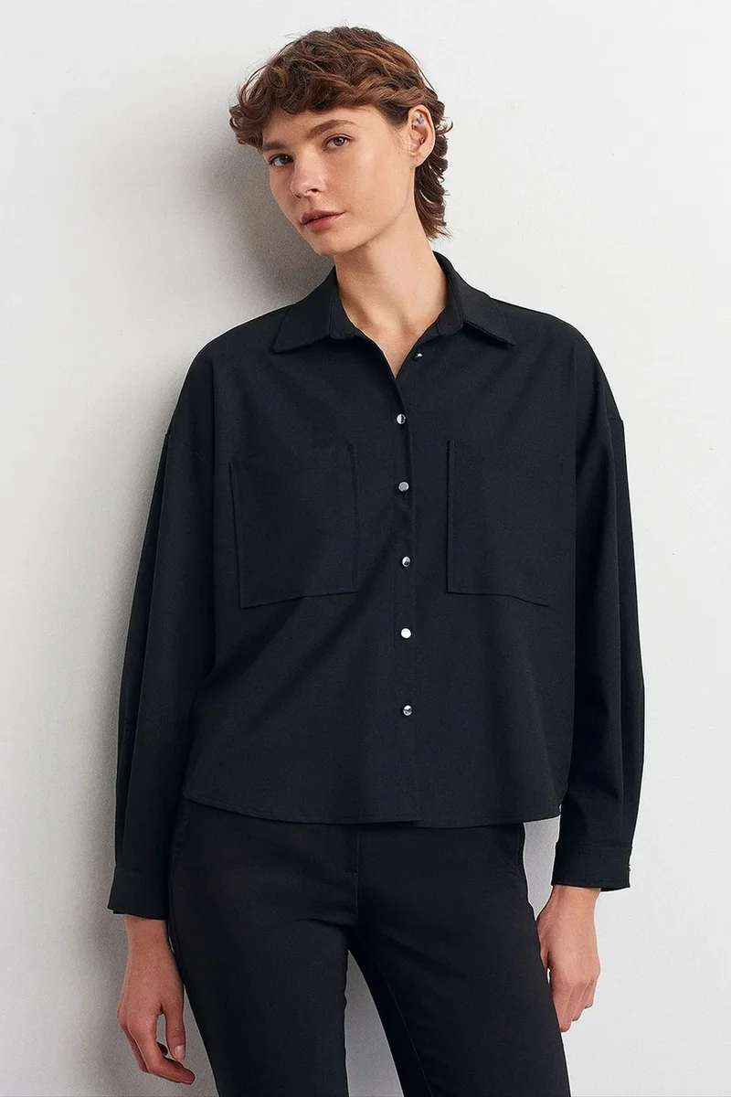 Dilvin Black DILVIN Oversized Crepe Button-Front Shirt for Women | Best Price UAE