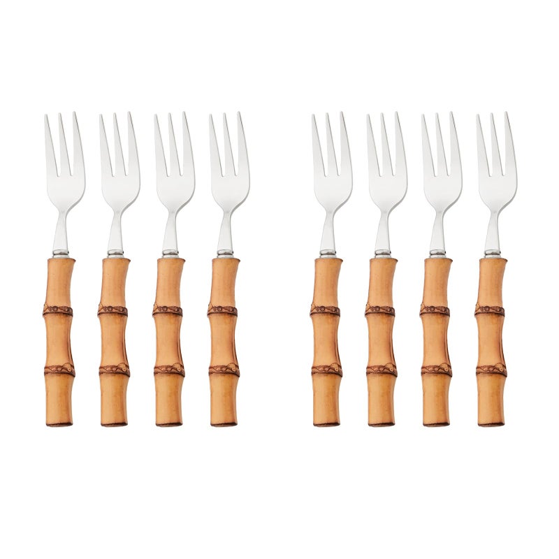 Snplowum 8pcs 304 Stainless Steel Bamboo Handle Cake Fork Silver 3Tine Fork Small Resuable Tasting Fork For Dessert Cake Teaforks 63inch