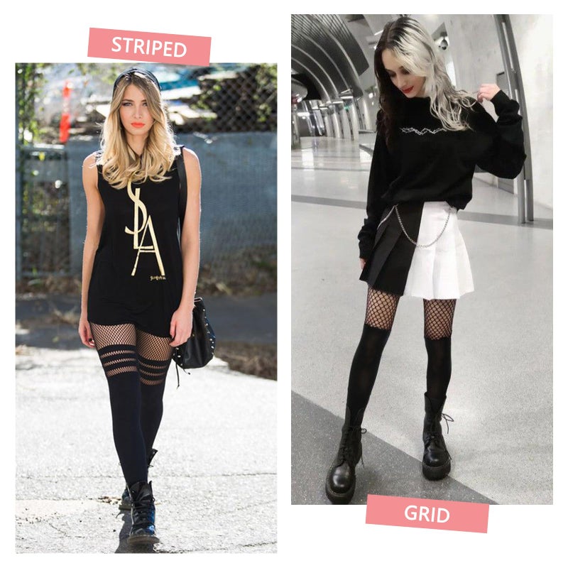 MANZI Faux Thigh High Tights Mock Suspender Pantyhose Striped Goth Fishnets Pack of 2 Striped/Grid One Size - Image 2