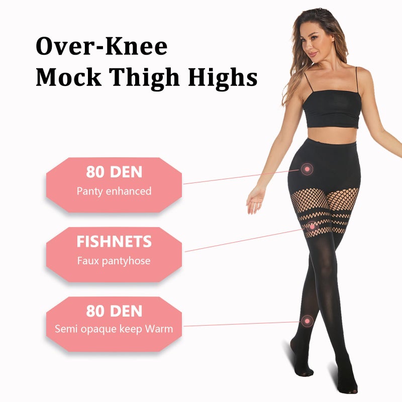 MANZI Faux Thigh High Tights Mock Suspender Pantyhose Striped Goth Fishnets Pack of 2 Striped/Grid One Size - Image 4