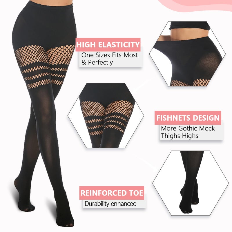 MANZI Faux Thigh High Tights Mock Suspender Pantyhose Striped Goth Fishnets Pack of 2 Striped/Grid One Size - Image 3