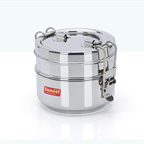 Sumeet Stainless Steel 2 Compartment Lunch Box/Tiffin with Lid and Handle, 13Cm Dia, (1300ML, Silver) - Image 1