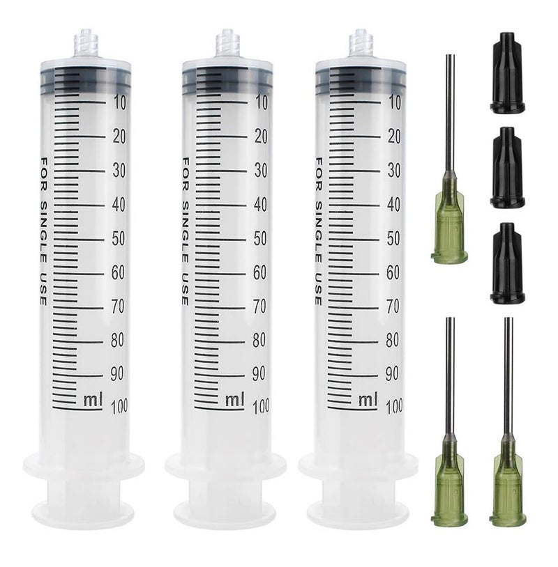 3 Pack 100ml Syringes with 14G 10 Blunt Tip Needles and Storage CapsLuer Lock Plastic Reusable Syringe for Glue Applicator Oil Dispensing Multiple Uses