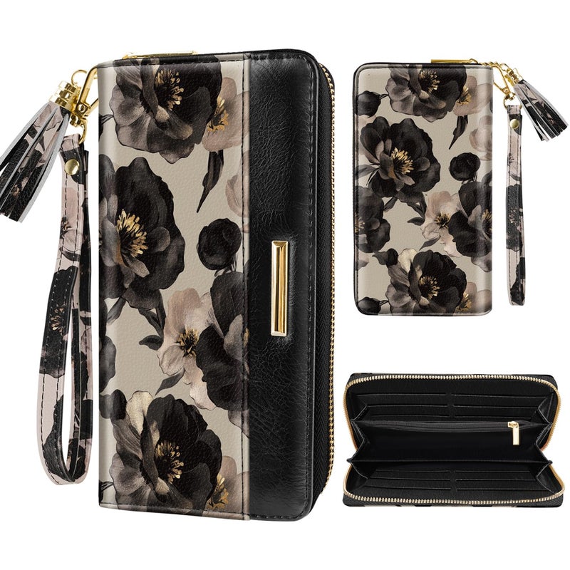 Coco Rossi Wallet Women RFID Blocking PU Leather Credit Card Holder Organizer Zipper Around Long Cash Slot Wallets Ladies Clutch with Tassel Wristlet Wrist Strap, Champagne Rose - Image 1