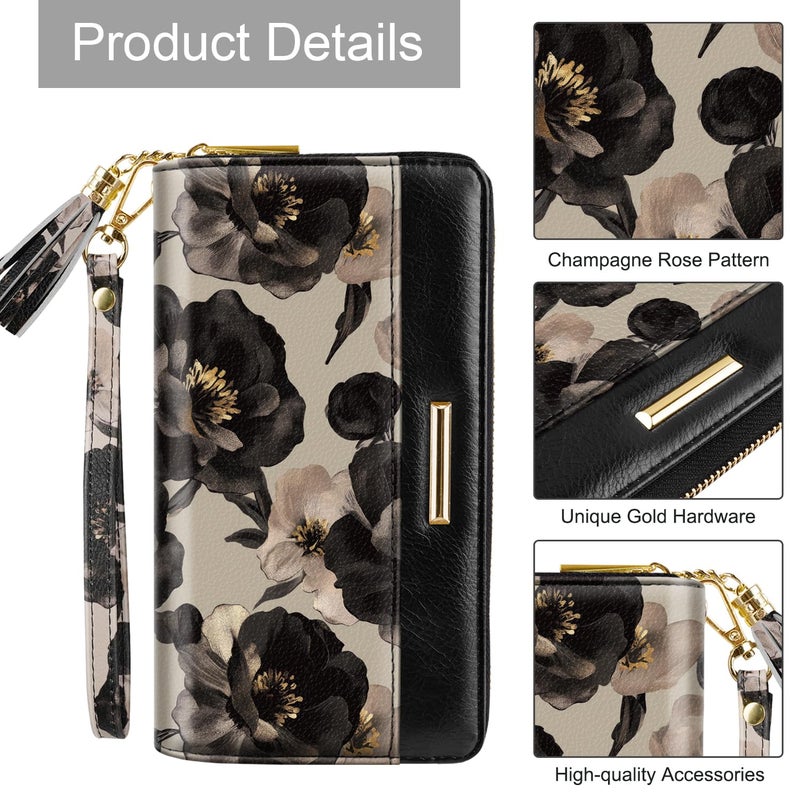 Coco Rossi Wallet Women RFID Blocking PU Leather Credit Card Holder Organizer Zipper Around Long Cash Slot Wallets Ladies Clutch with Tassel Wristlet Wrist Strap, Champagne Rose - Image 3