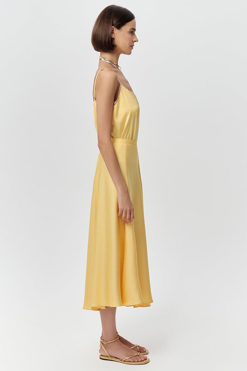 EXQUISE Side-Zippered, Flared, Waist-Fitting Midi Woven Yellow Skirt - Image 5