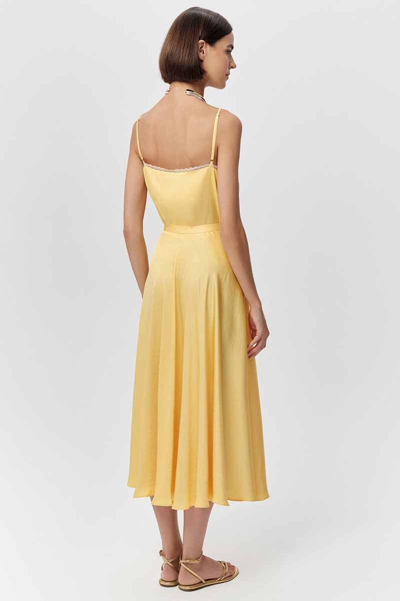 EXQUISE Side-Zippered, Flared, Waist-Fitting Midi Woven Yellow Skirt - Image 4