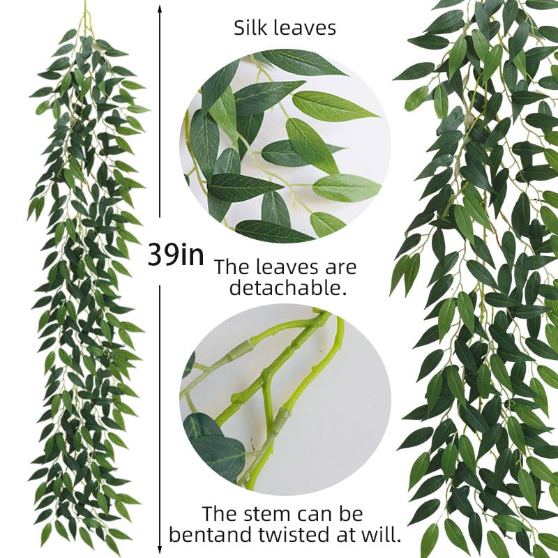 dallisten 3 Strands Italian Ruscus Artificial Vines, 39" Silk Vine Garland with Green Leaves, Fake Hanging Plants Greenery Decor for Home, Bedroom, Wall, Party, Wedding Decoration - Image 2