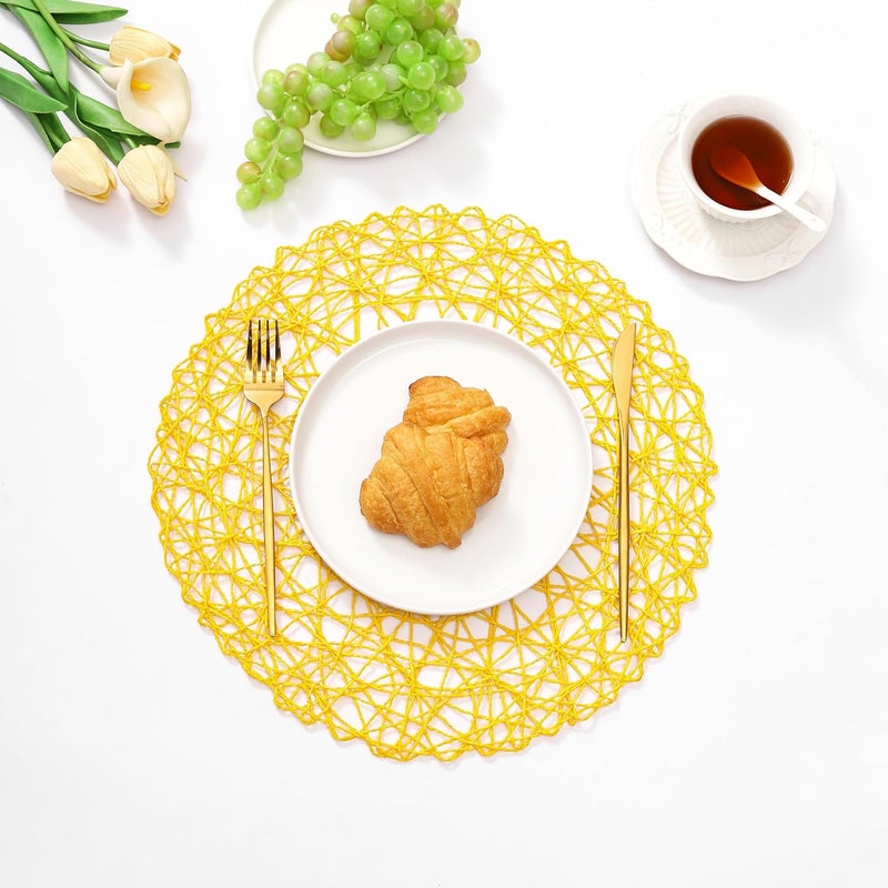 IcosaMro Yellow Round Placemats Set of 6 for Dining Table 15 Inch Paper Woven Boho Decorative Circle Place Mat for Wedding Christmas Thanksgiving Day Holiday Dinner 15 InchYellow - Image 2