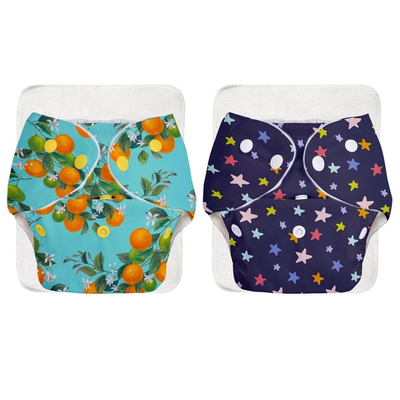 Superbottoms حفاضات قماش متقدمة مضادة للتسرب من سوبر بوتومز للأطفال، ماصة عالية 100% قطن، حزمة كومبو تحتوي على 2 حفاضة قابلة لإعادة الاستخدام و2 وسادة إدخال قابلة للغسل، مناسبة من 3 أشهر إلى 3 سنوات، تقلل من الطفح الجلدي - Image 1