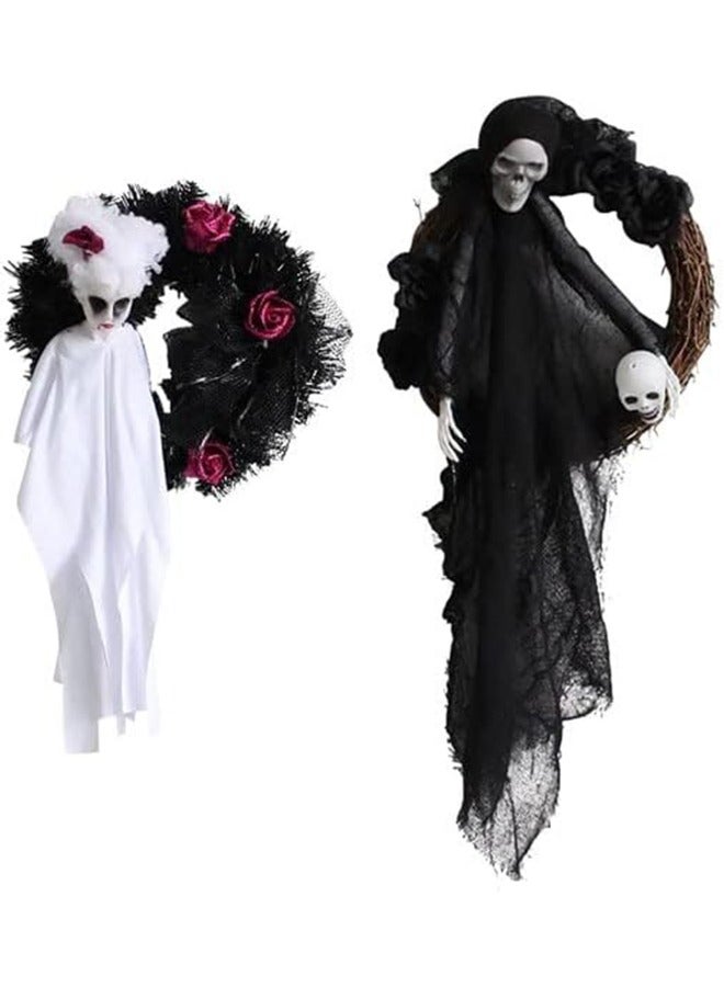 JCB CHIC Halloween Door Wreath Of Horror Roses Hanging On The White Black Ghost Gate Halloween Decorations - Image 1