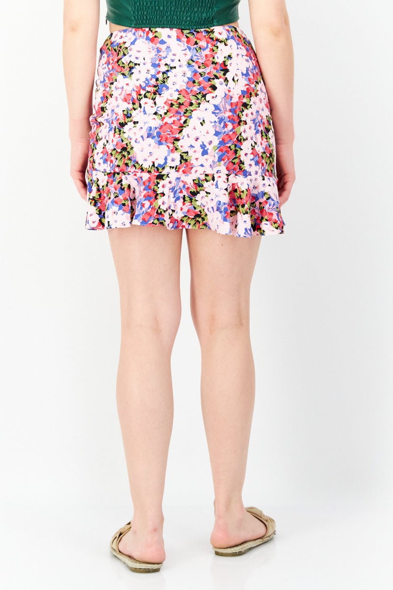 Miss Selfridge Women Petite Floral Print  Mini Skirt, Bright Pink - Image 2
