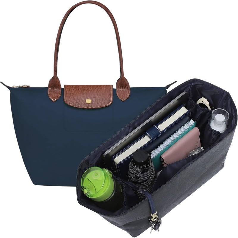 إدراج منظم الحقيبة Doxo لـ Longchamp Le Pliage متوسط، منظم حقيبة بـ 6 أقسام مع جيب بسحاب YKK، حامل أكواب، سلسلة مفاتيح، مشكل حقيبة يدوية خفيف الوزن من ورق Dupont المقاوم للماء (أزرق أسود، M) - Image 1