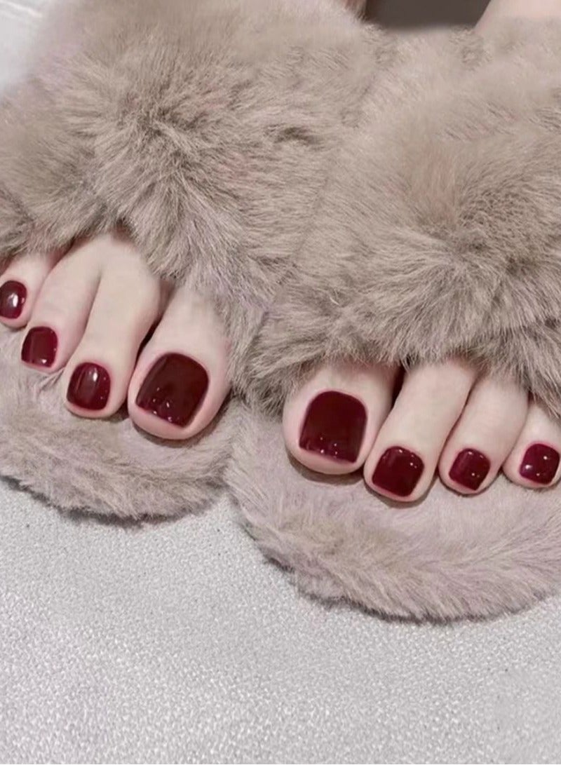أظافر القدم الصناعية باللون الأحمر النبيذي، 24 قطعة، لصيف مميز وأظافر الضغط للبنات - Image 1