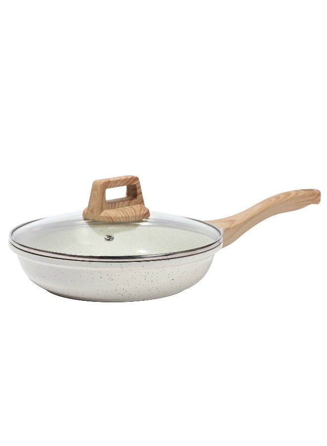 ESLITE LIFE Frypan Set 20cm with Glass Lid Aluminum | Non-stick Ceramic coating | Scratch Resistant & Durable | Soft touch wooden esthetic handle , White - Image 2