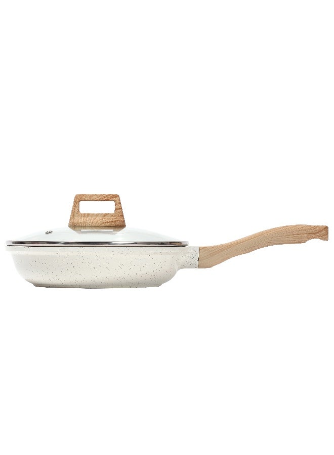 ESLITE LIFE Frypan Set 20cm with Glass Lid Aluminum | Non-stick Ceramic coating | Scratch Resistant & Durable | Soft touch wooden esthetic handle , White - Image 1