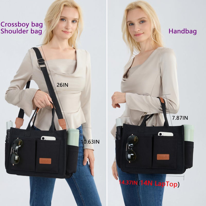 ZHMO Canvas Tote Bag for Women With Compartments and Zipper,Black Women's Bags Crossbody Bags Work Laptop Tote Bag Large Satchels Handbag Tote Purse Everyday Shoulder Bag for Travel Nurse Teacher Gift - Image 2
