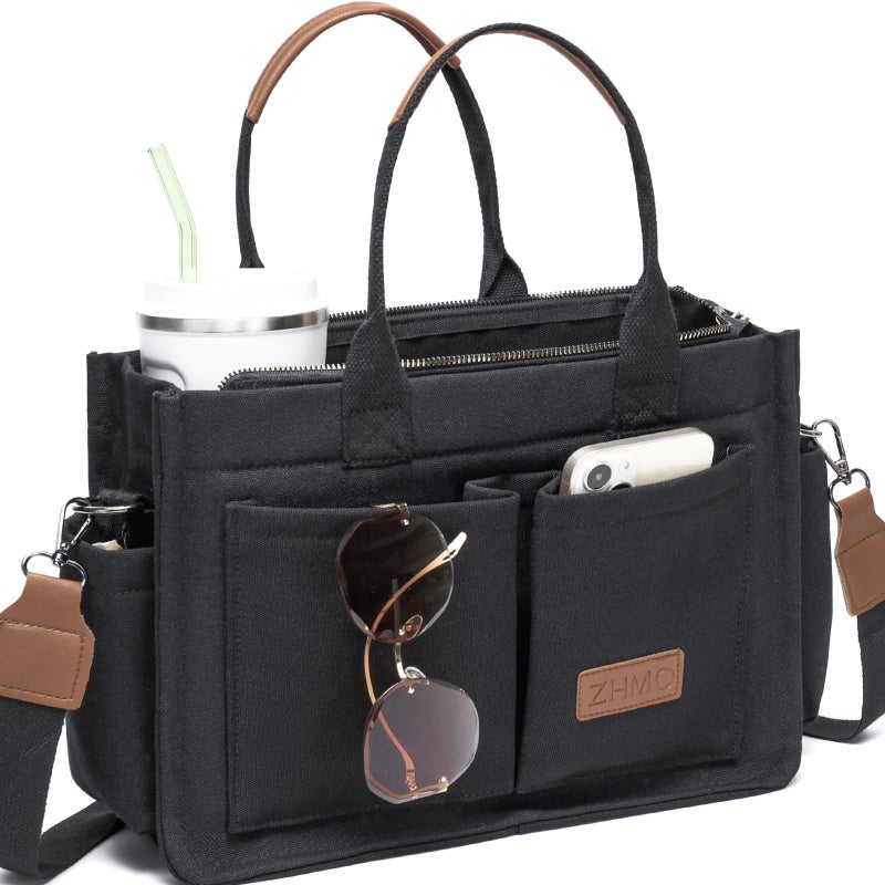ZHMO Canvas Tote Bag for Women With Compartments and Zipper,Black Women's Bags Crossbody Bags Work Laptop Tote Bag Large Satchels Handbag Tote Purse Everyday Shoulder Bag for Travel Nurse Teacher Gift - Image 1