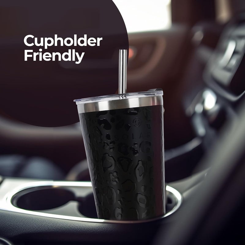 SOLARA Tumbler with lid and Straw 475ml, Double Wall Insulated Stainless Steel Coffee Tumbler, Travel Mug with Lid, Hot and Cold Coffee Mug with lid for Office, Home and Travel -Black Leopard - Image 5