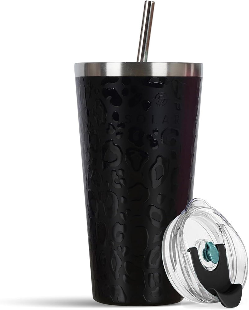 SOLARA Tumbler with lid and Straw 475ml, Double Wall Insulated Stainless Steel Coffee Tumbler, Travel Mug with Lid, Hot and Cold Coffee Mug with lid for Office, Home and Travel -Black Leopard - Image 1