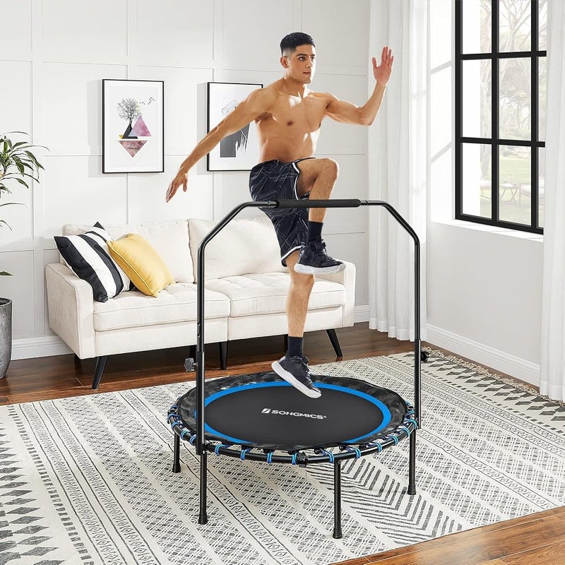 SONGMICS 40 Inches Mini Fitness Trampoline, Fitness Rebounder with Adjustable Handrail, Foldable Trampoline for At-Home Workout, Max. Load 264.6 lb, Blue and Black USTR040Q01 - Image 3