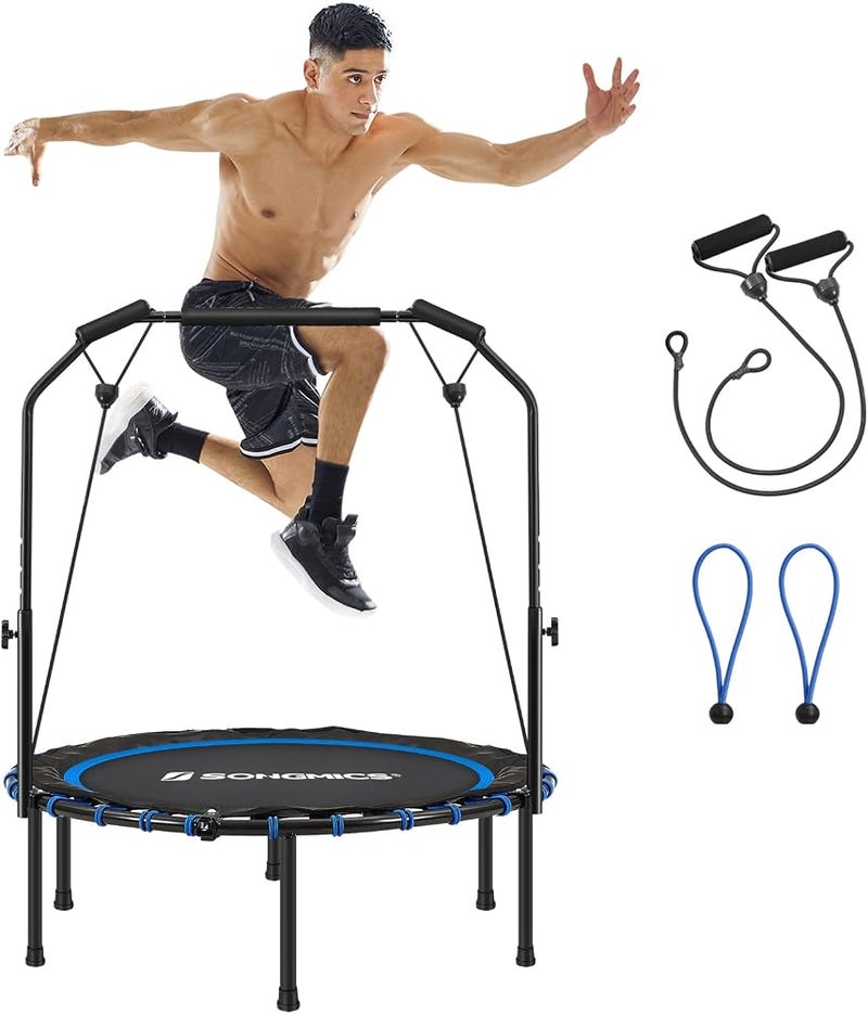 SONGMICS 40 Inches Mini Fitness Trampoline, Fitness Rebounder with Adjustable Handrail, Foldable Trampoline for At-Home Workout, Max. Load 264.6 lb, Blue and Black USTR040Q01 - Image 1