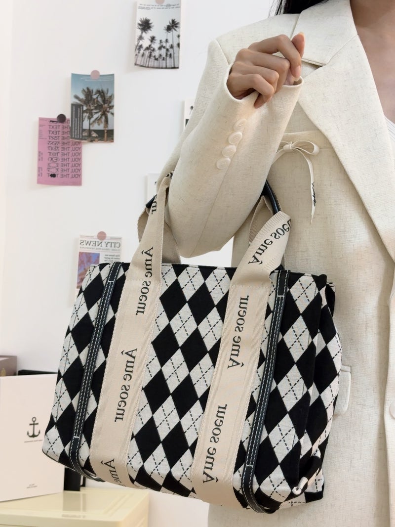 Fashion Women'S Bag Houndstooth Tote Bag Rhombic Retro Large Capacity School Bag Commuter Bag Crossbody Bag - Image 3