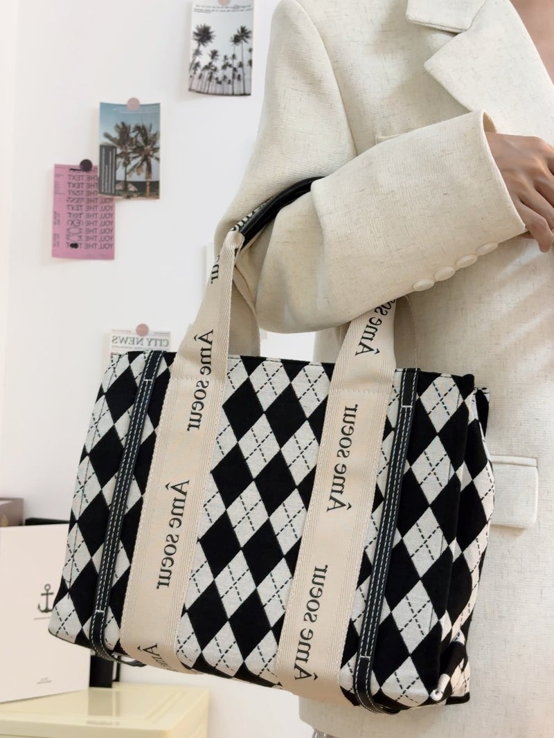 Fashion Women'S Bag Houndstooth Tote Bag Rhombic Retro Large Capacity School Bag Commuter Bag Crossbody Bag - Image 5