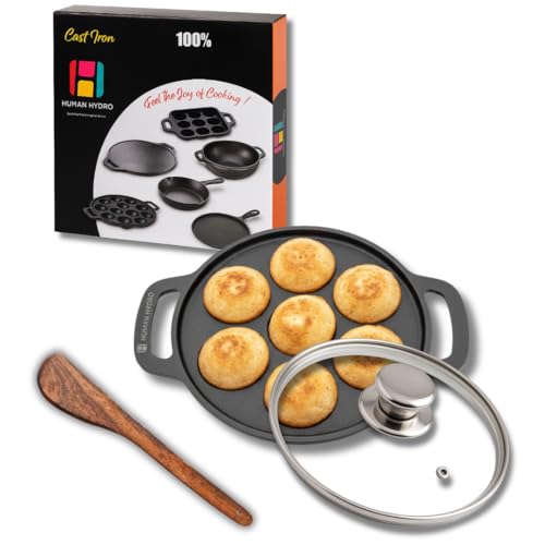 Human Hydro Pre-Seasoned Cast Iron Paniyaram Pan (7-Pit) with Lid & Wooden Spatula | Naturally Nonstick, Induction & Gas Compatible | Cookware for Paddu, Appam, Kuzhi Paniyaram & More - Image 1