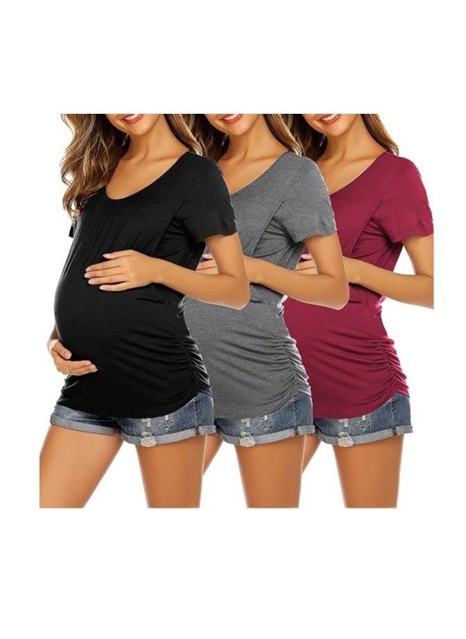 Generic - Women's Nursing Tops 3 Pack for Breastfeeding Shirts Maternity Clothes Double Layer Pregnancy Tee Postpartum Shirt - Image 1