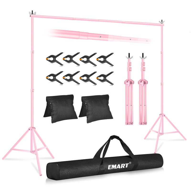 EMART Backdrop Stand 10x7ft(WxH) Photo Studio Adjustable Background Stand Support kit with 2 Crossbars, 8 Clamps, 2 Sandbags and Carry Bag for Parties, Events Decoration, Wedding, Photography -Pink - Image 1