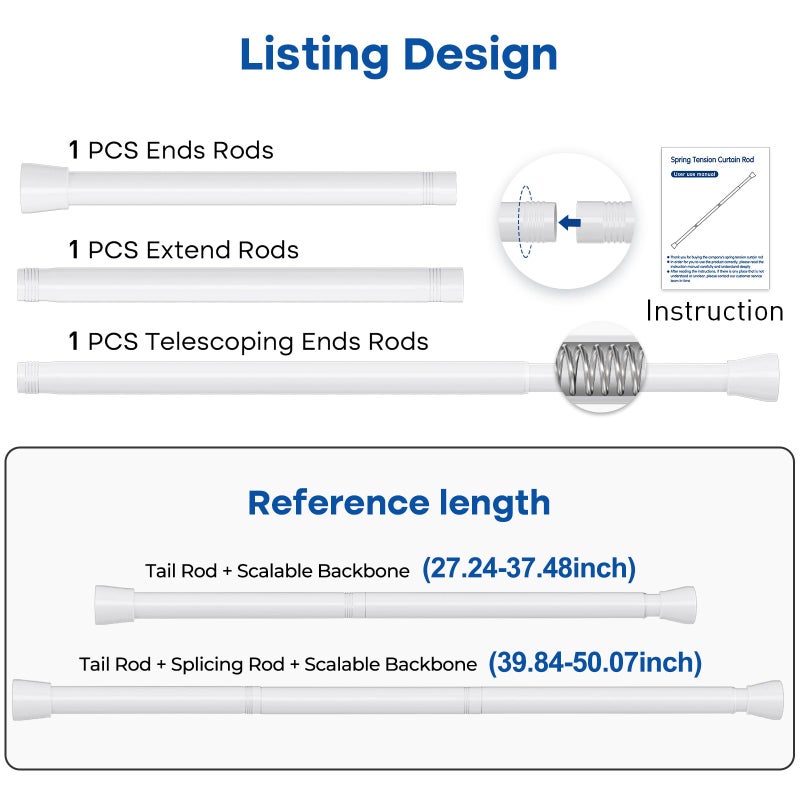 QINGYUN Tension Rod for Windows 28 to 48 Inch,Spring Curtain Rods No Drilling 7/8" Diameter White Tension Rods Adjustable Curtain Rods Expandable Pressure Spring Tension Rods for Closet, Doorway - Image 2
