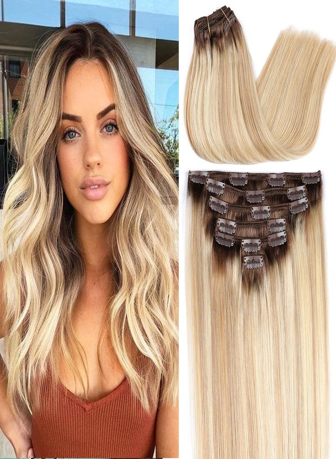 ORIGEN Clip in Hair Extensions Real Remy Human Hair Dark Roots Golden Brown and Bleach Blonde Highlights Straight Hair for Women 7pcs 120g 16 Inches - Image 1