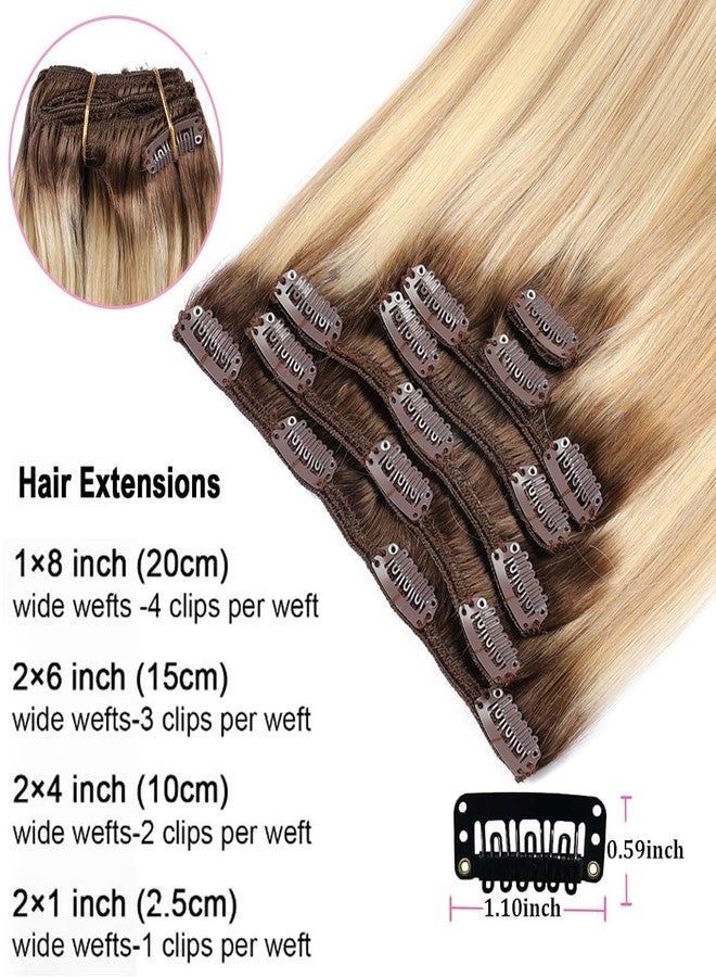 ORIGEN Clip in Hair Extensions Real Remy Human Hair Dark Roots Golden Brown and Bleach Blonde Highlights Straight Hair for Women 7pcs 120g 16 Inches - Image 3