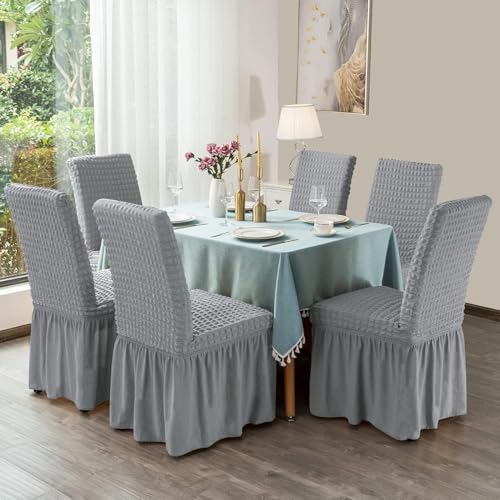 FunBlast Turkish Bubble Frill Chair Cover Stretch Removable Washable Short Dining Chair Cover Protector Seat Slipcover, Elastic Stretch Chair Cover Protector Seat Slipcover (Grey, Pack of 6) - Image 2