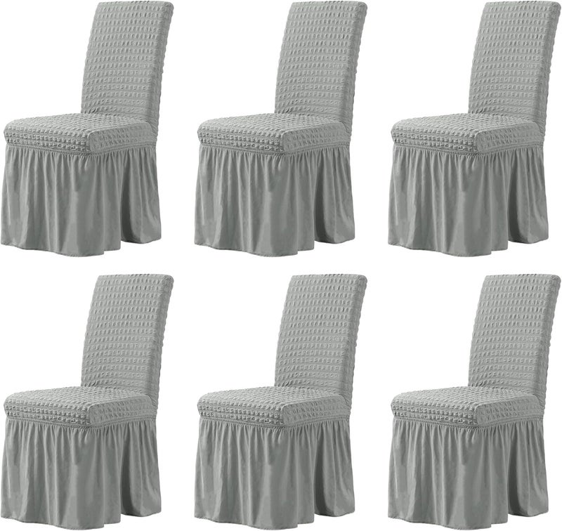 FunBlast Turkish Bubble Frill Chair Cover Stretch Removable Washable Short Dining Chair Cover Protector Seat Slipcover, Elastic Stretch Chair Cover Protector Seat Slipcover (Grey, Pack of 6) - Image 1