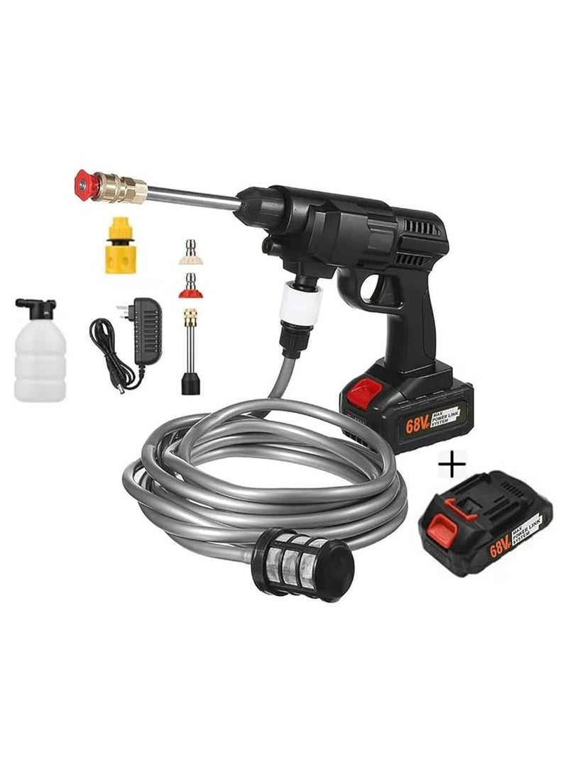 68V Portable Battery, Car Wash, Cordless Gun for Home Use for Effective Cleaning of Bikes, Motorcycles, Cars, Floors, Driveways, Gardens With Two Battery, Black - Image 1