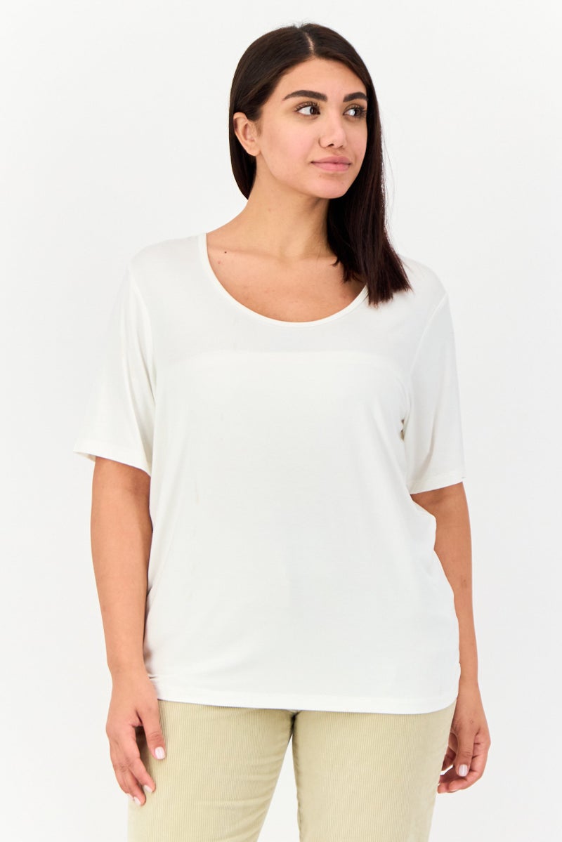 GIORDANO Women Scoop Neck Short Sleeves Solid Tops, White  - Image 1