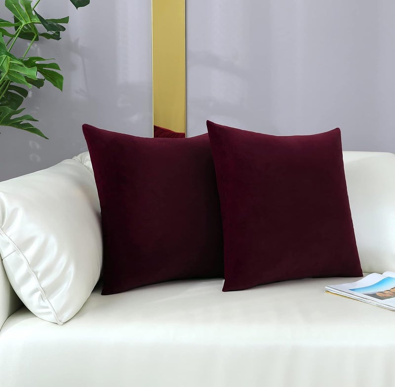 mixeoo Comfy Burgundy Red Throw Pillow Covers Decorative Square Solid Thick Velvet Super Soft Cushion Cases Home Decor for Sofa Couch Living Room Chair, Set of 2, 18 x 18 Inch - Image 3