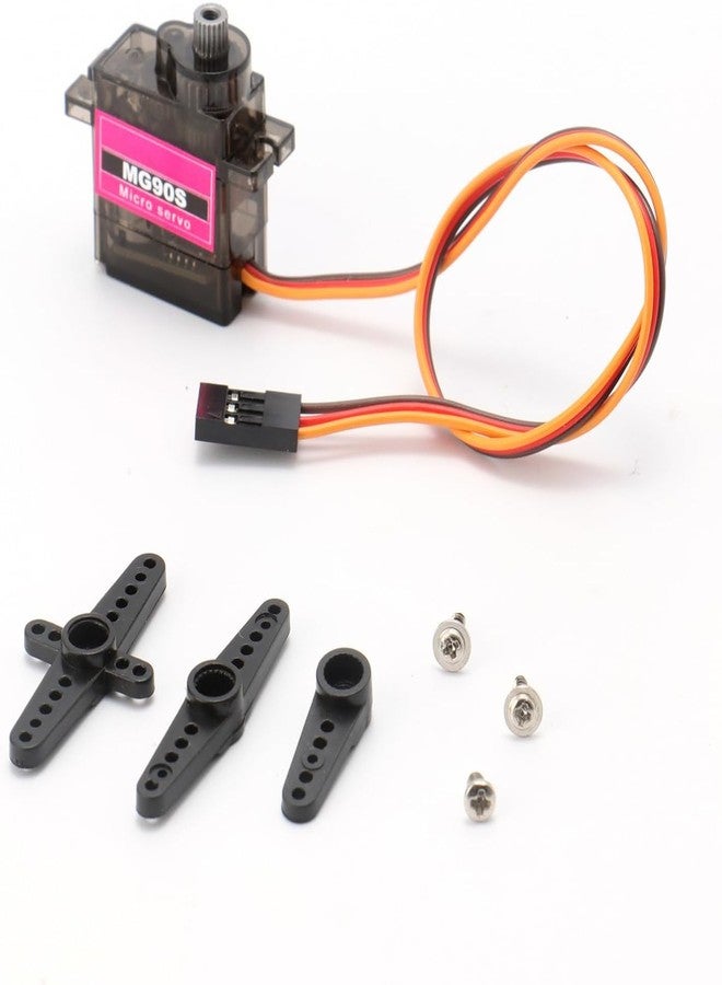 QBM MG90S Micro Servo Motor, Metal Gear, Black and Pink, 180 Degree Rotation, 15x15x18mm, Full Metal Construction, Standard 3-Wire Connector, with Mounting Arms and Screws - Image 1