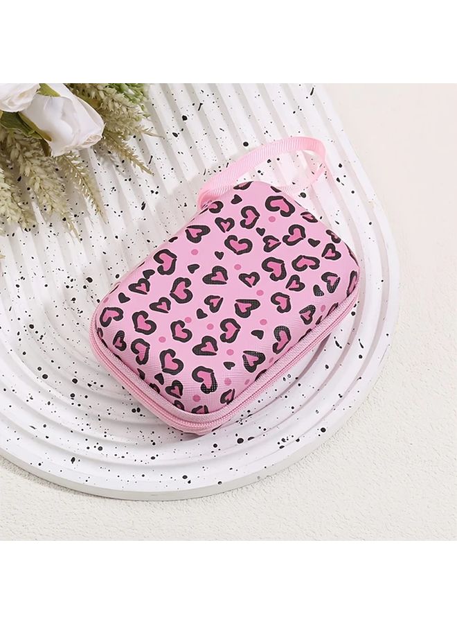 Leopard Print Heart Hard Shell Zipper Organizer Case For Cables Chargers Keys - Image 1