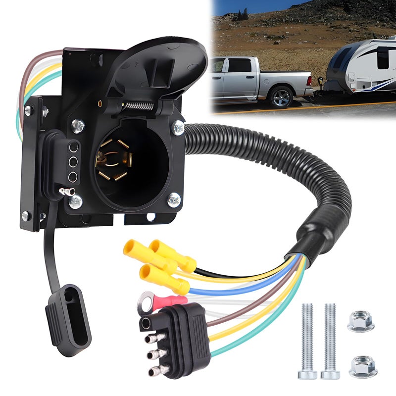 maierke 7 Way Trailer Plug 7 Pin to 4 Pin Trailer Adapter 7 Pin Trailer Connector VehicleSide 4 Flat to TrailerSide 7 Blade and 4 Pin DualOutput Connector with Mounting Bracket for RV Truck