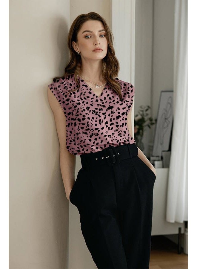 EVALESS Womens Pleated Tank Tops V Neck Casual Sleeveless Blouses Summer Basic Vest Shirt, Leopard, XXL - Image 3