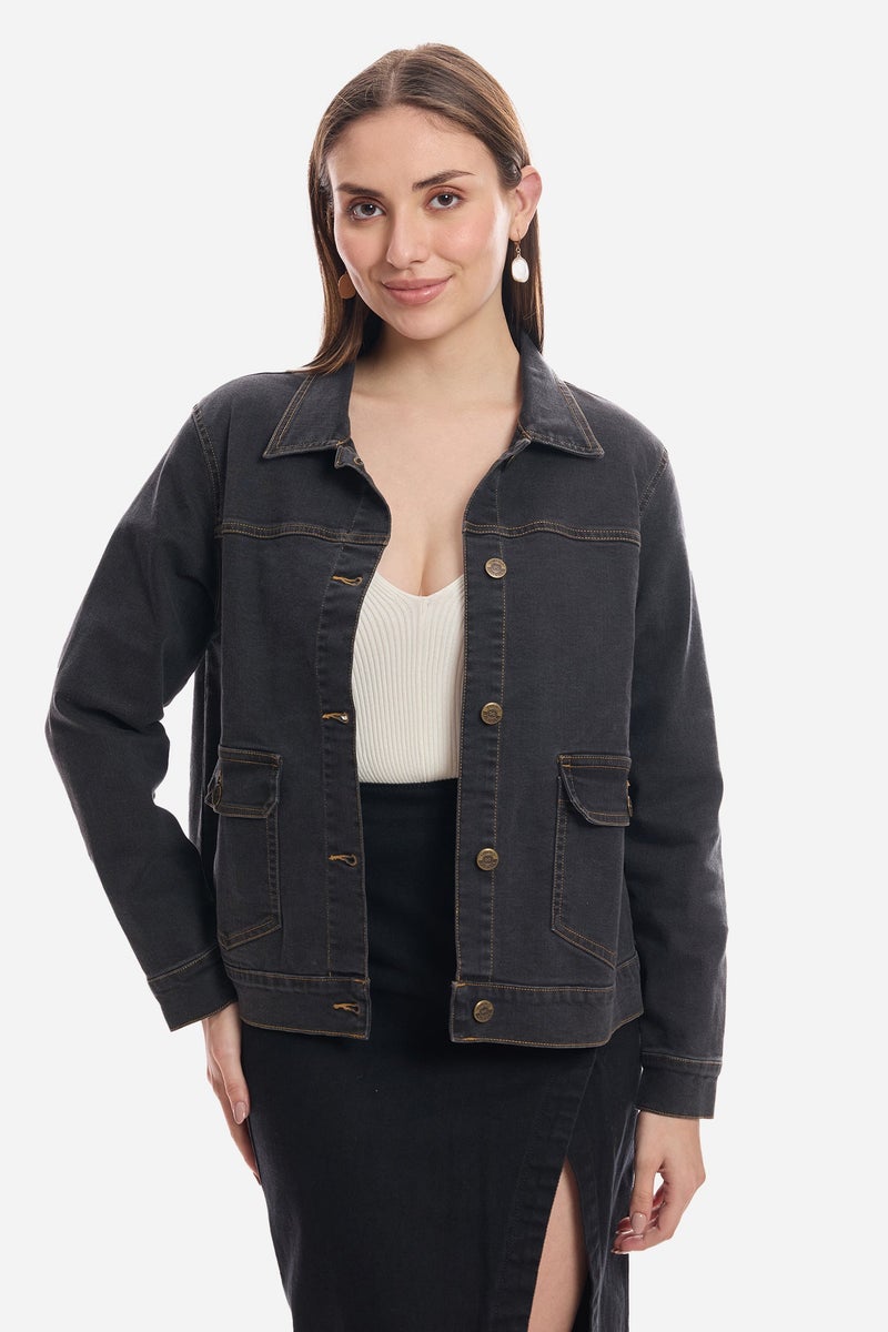 Virgio Solid Cotton Denim Trucker Jacket for Women - Image 1