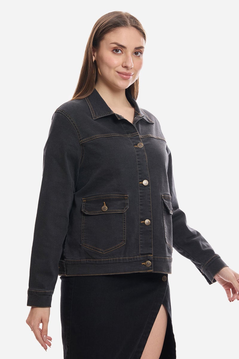 Virgio Solid Cotton Denim Trucker Jacket for Women - Image 4